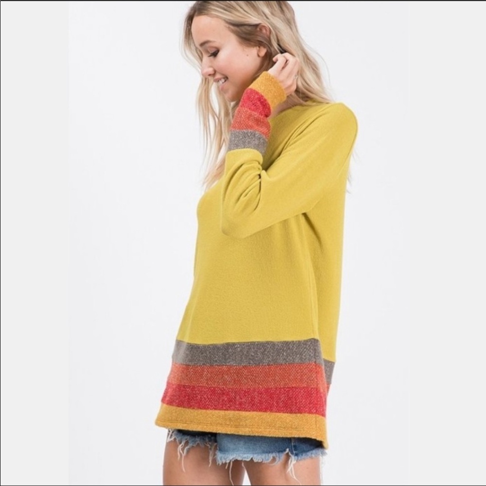 (M-8/10) Mustard sweater w/ striped sleeves & hem - Picture 5 of 8